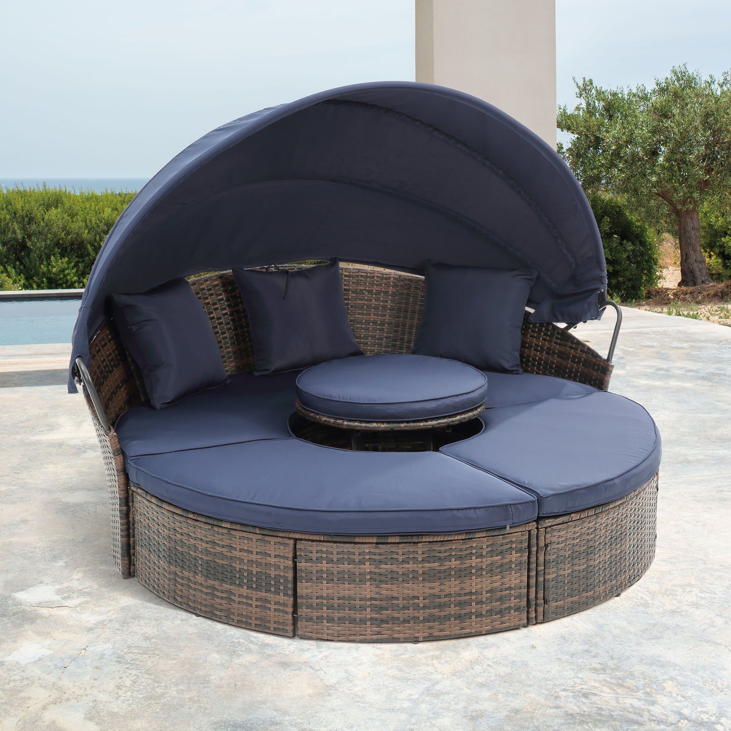Round Outdoor Wicker Canopy Daybed with Lift Coffee Table for Patio, Poolside, or Garden