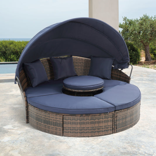 Round Outdoor Wicker Canopy Daybed with Lift Coffee Table for Patio, Poolside, or Garden