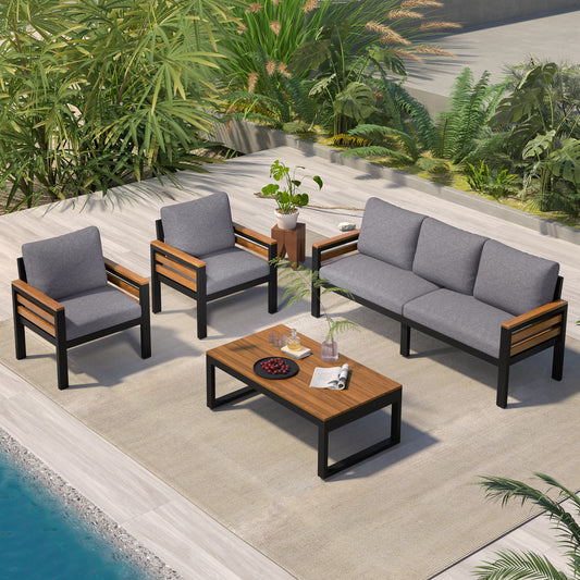 Grey 4-Piece Acacia Wood Patio Sofa Set with Cushions for Outdoor