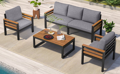 Grey 4-Piece Acacia Wood Patio Sofa Set with Cushions for Outdoor