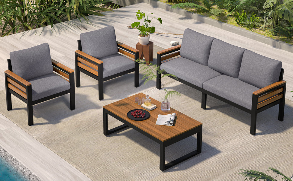 Grey 4-Piece Acacia Wood Patio Sofa Set with Cushions for Outdoor