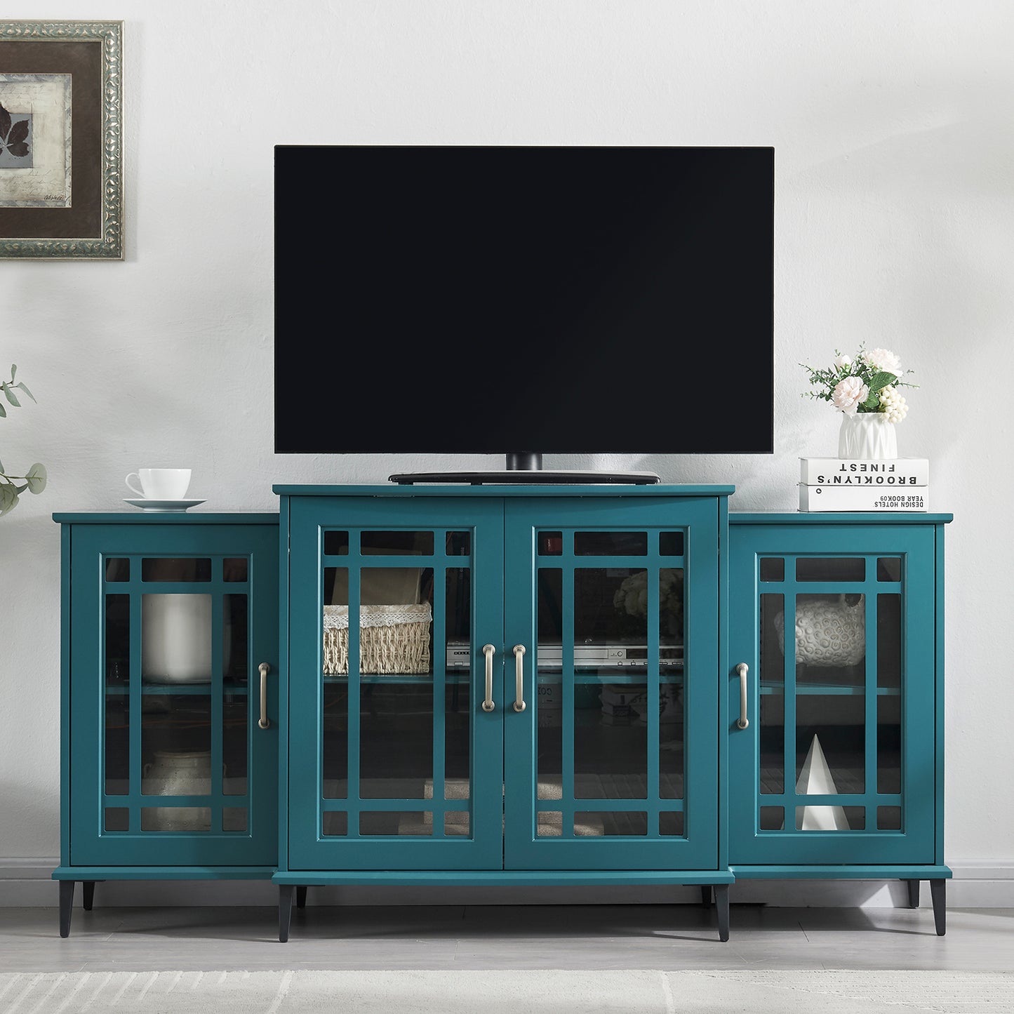 Teal Blue TV Stand with Glass Doors - 62 Inch Buffet Cabinet for Living Room