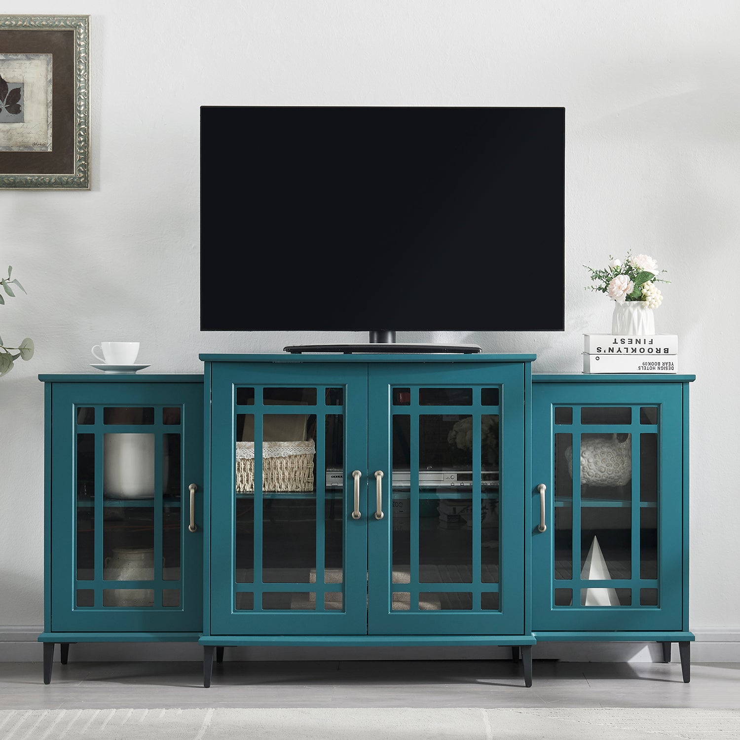 Teal Blue TV Stand with Glass Doors - 62 Inch Buffet Cabinet for Living Room