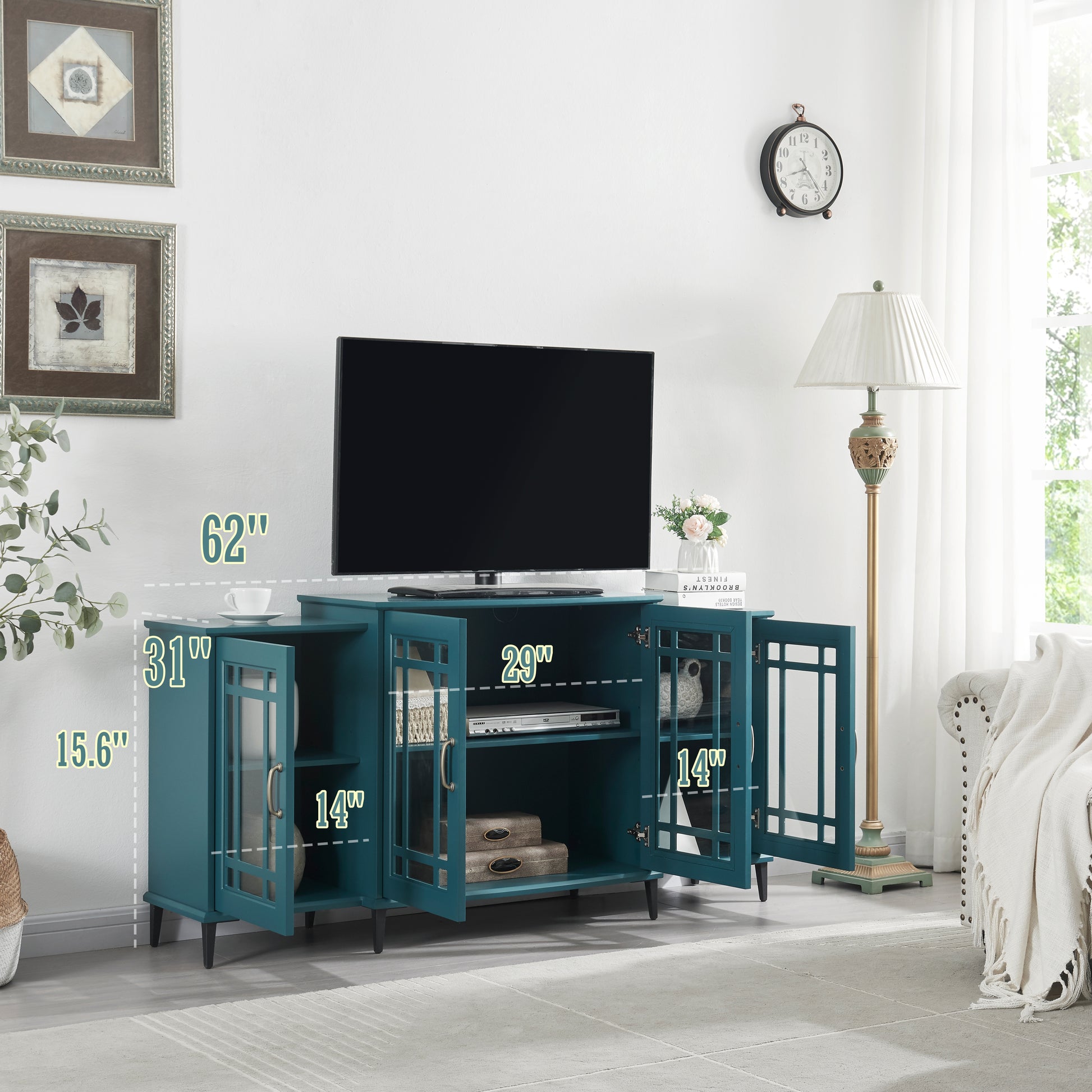 Teal Blue TV Stand with Glass Doors - 62 Inch Buffet Cabinet for Living Room