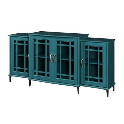 Teal Blue TV Stand with Glass Doors - 62 Inch Buffet Cabinet for Living Room