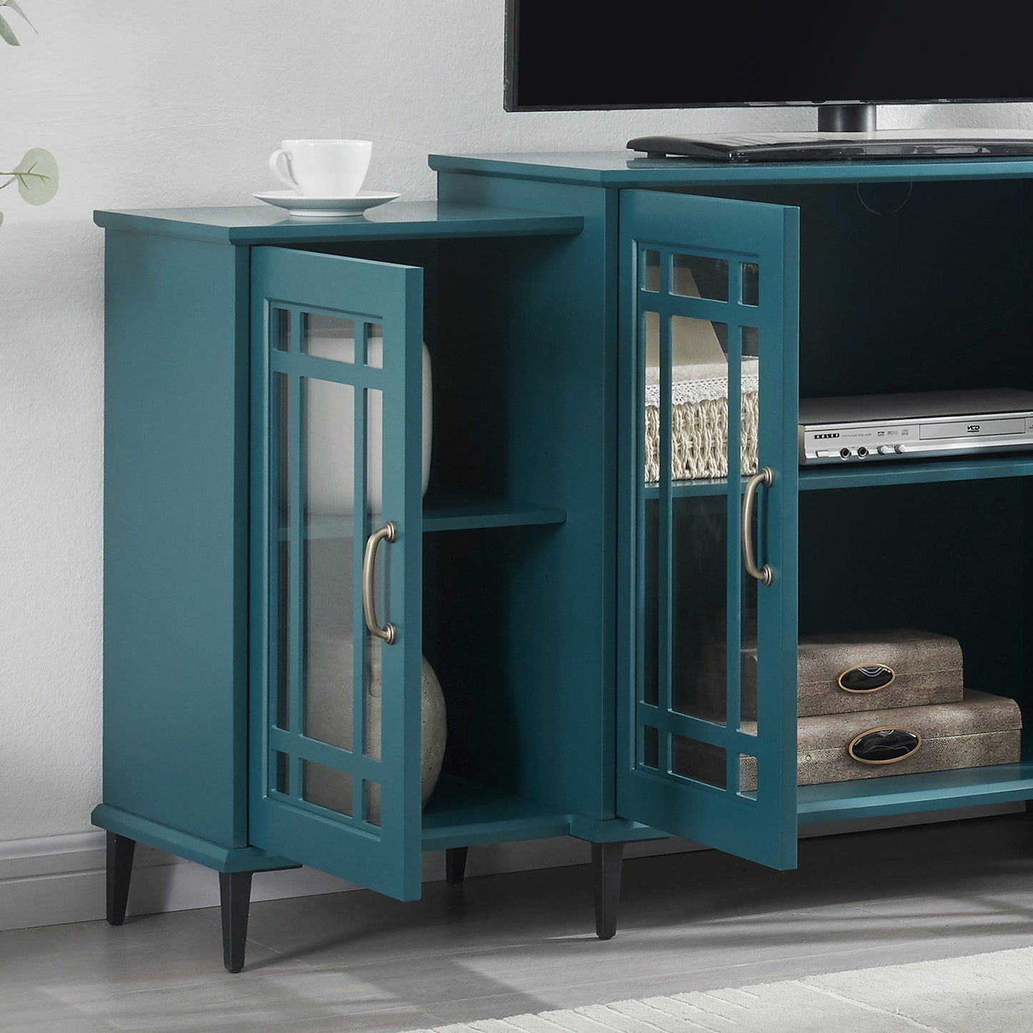 Teal Blue TV Stand with Glass Doors - 62 Inch Buffet Cabinet for Living Room