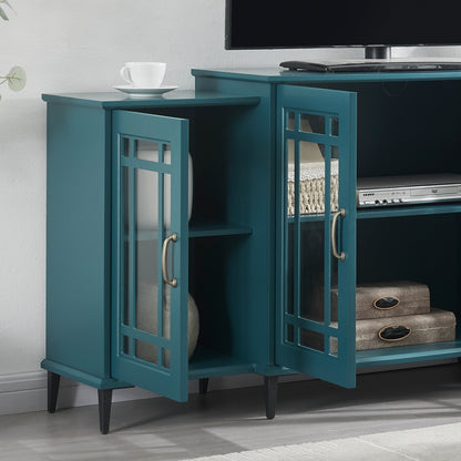 Teal Blue TV Stand with Glass Doors - 62 Inch Buffet Cabinet for Living Room