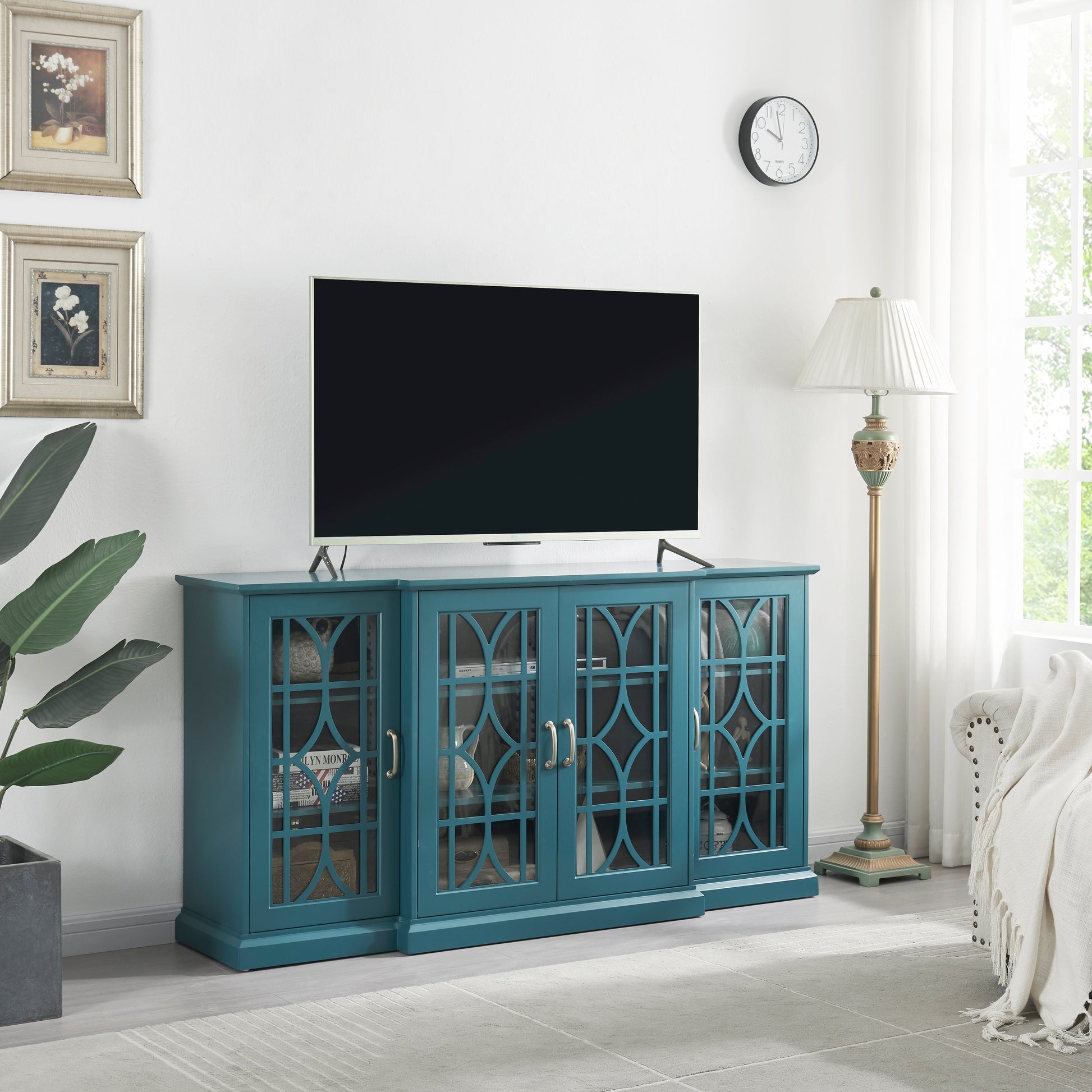 Teal Blue MDF Glass TV Stand Buffet Cabinet for Dining Room