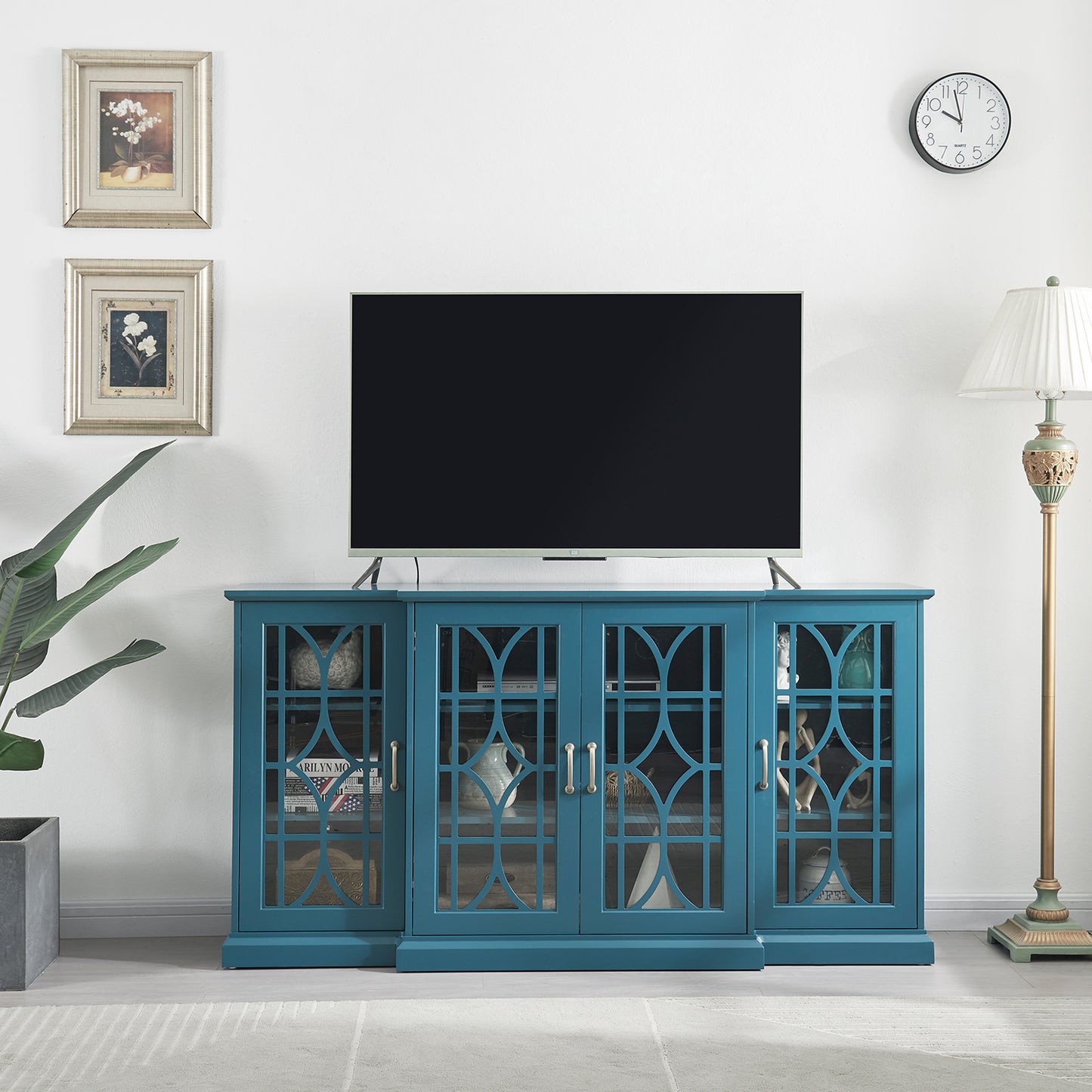 Teal Blue MDF Glass TV Stand Buffet Cabinet for Dining Room