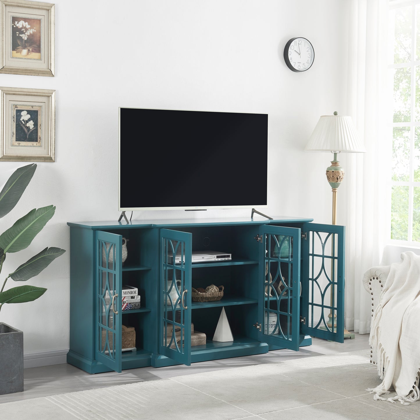 Teal Blue MDF Glass TV Stand Buffet Cabinet for Dining Room