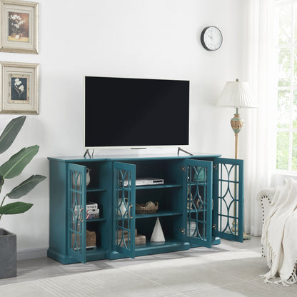 Teal Blue MDF Glass TV Stand Buffet Cabinet for Dining Room