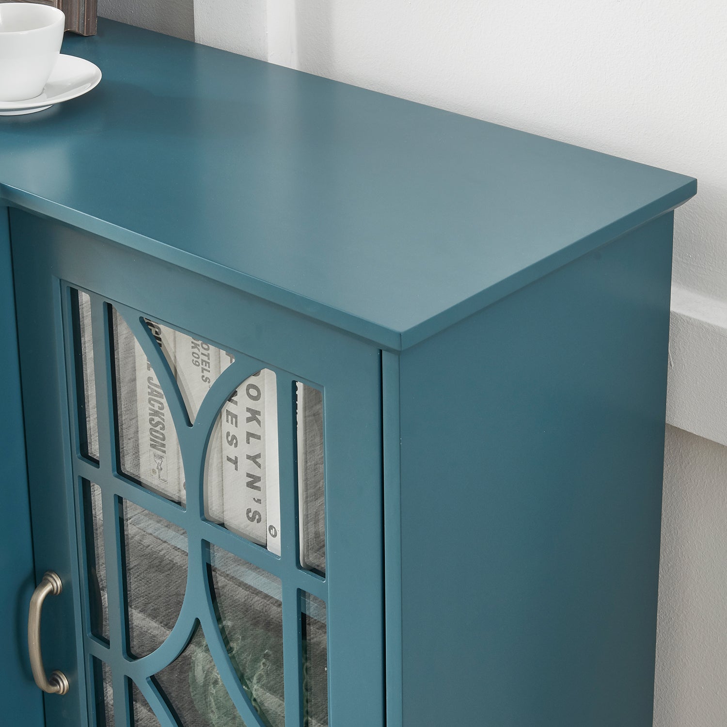 Teal Blue MDF Glass TV Stand Buffet Cabinet for Dining Room