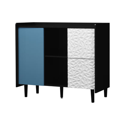 Sideboard Buffet Cabinet, Black Storage Cabinet with Red Doors , 2 Drawers with unique panel styling and 2 Open Storage Compartment, Modern Coffee Bar Cabinet Accent Cabinet for Kitchen, Dining Room,
