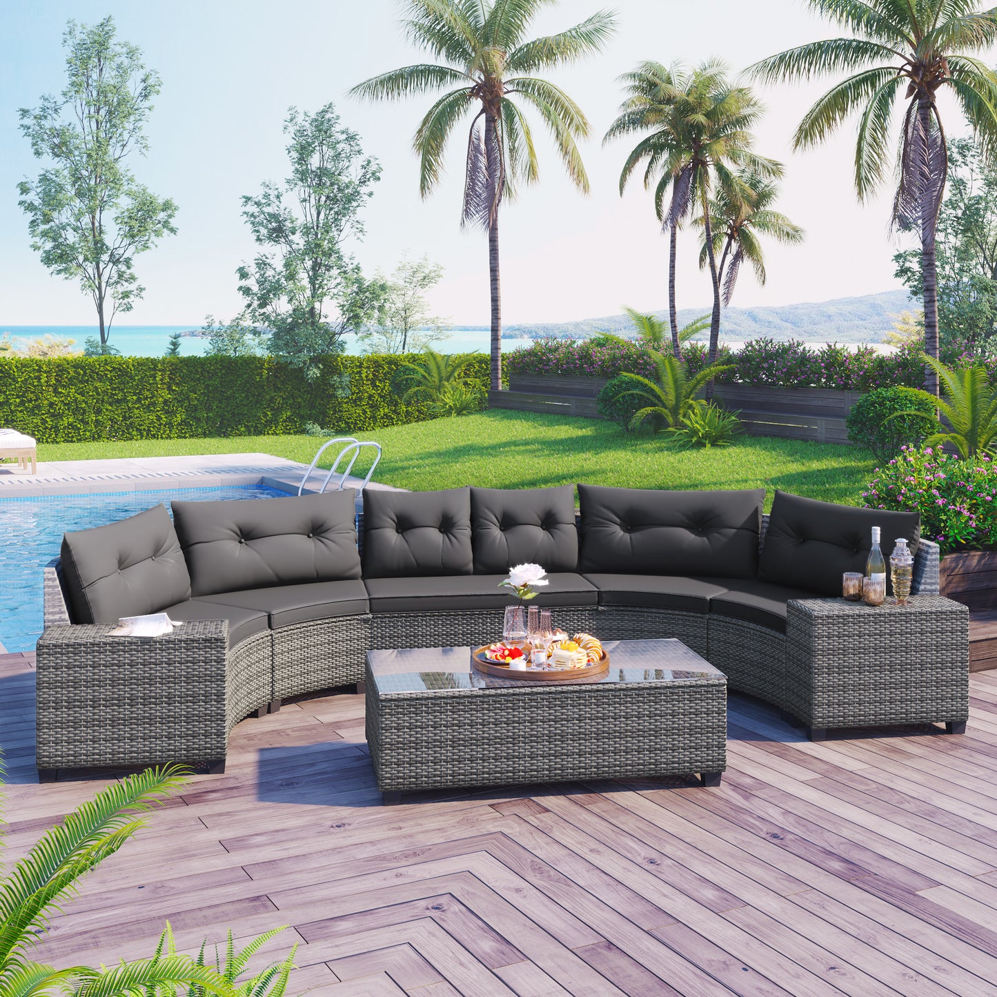 8-Piece All-Weather PE Rattan Half-Moon Outdoor Sectional Sofa Set with Coffee Table and Gray Cushions