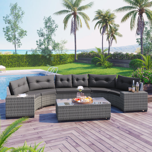 8-Piece All-Weather PE Rattan Half-Moon Outdoor Sectional Sofa Set with Coffee Table and Gray Cushions