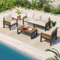4-Piece Outdoor Conversation Sofa Set with Acacia Wood Armrests, Beige Cushions, and Coffee Table