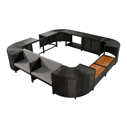Gray Outdoor Rattan Sectional Sofa Set with Wood-Look Seats and Hidden Storage for Patio, Poolside, and Spa Areas