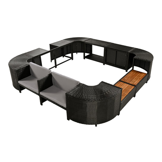 Gray Outdoor Rattan Sectional Sofa Set with Wood-Look Seats and Hidden Storage for Patio, Poolside, and Spa Areas
