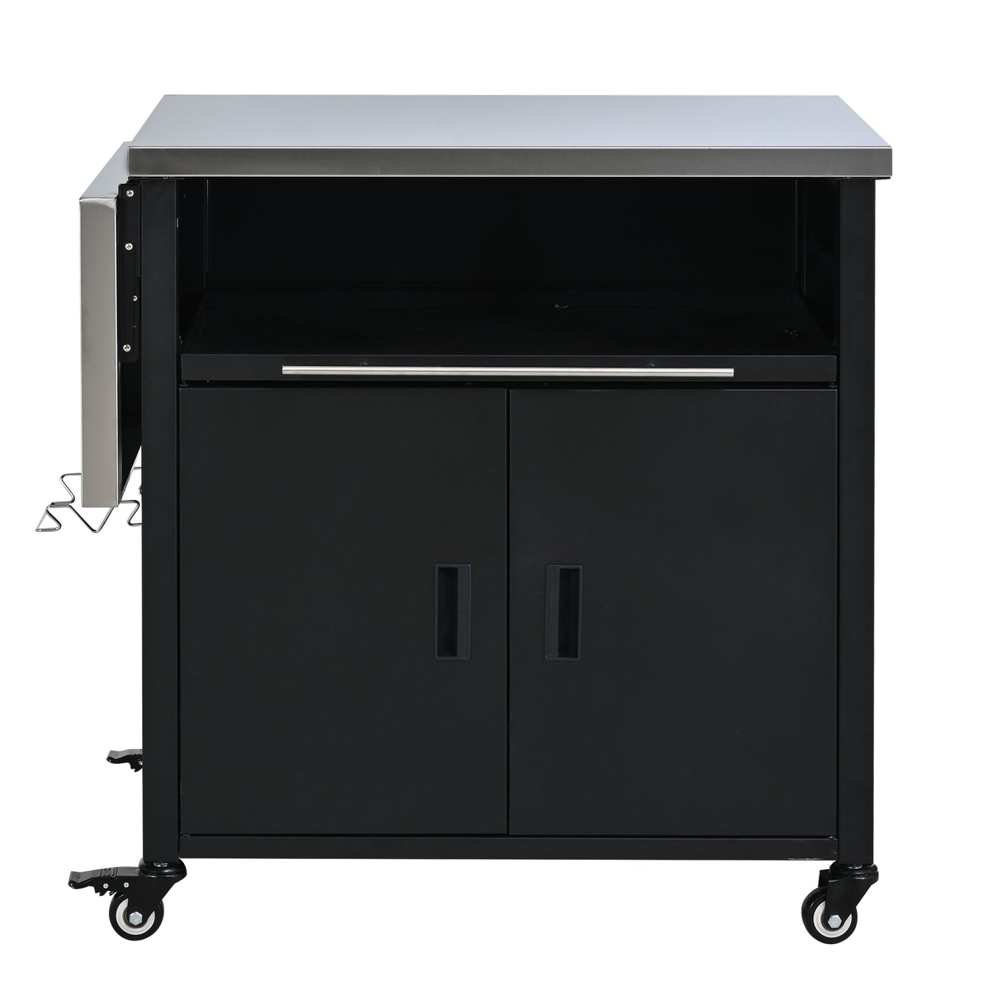 Foldable Outdoor BBQ Prep Station Cart with Stainless Steel Top, Storage Cabinet, and Trash Rack, Black