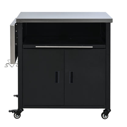 Foldable Outdoor BBQ Prep Station Cart with Stainless Steel Top, Storage Cabinet, and Trash Rack, Black