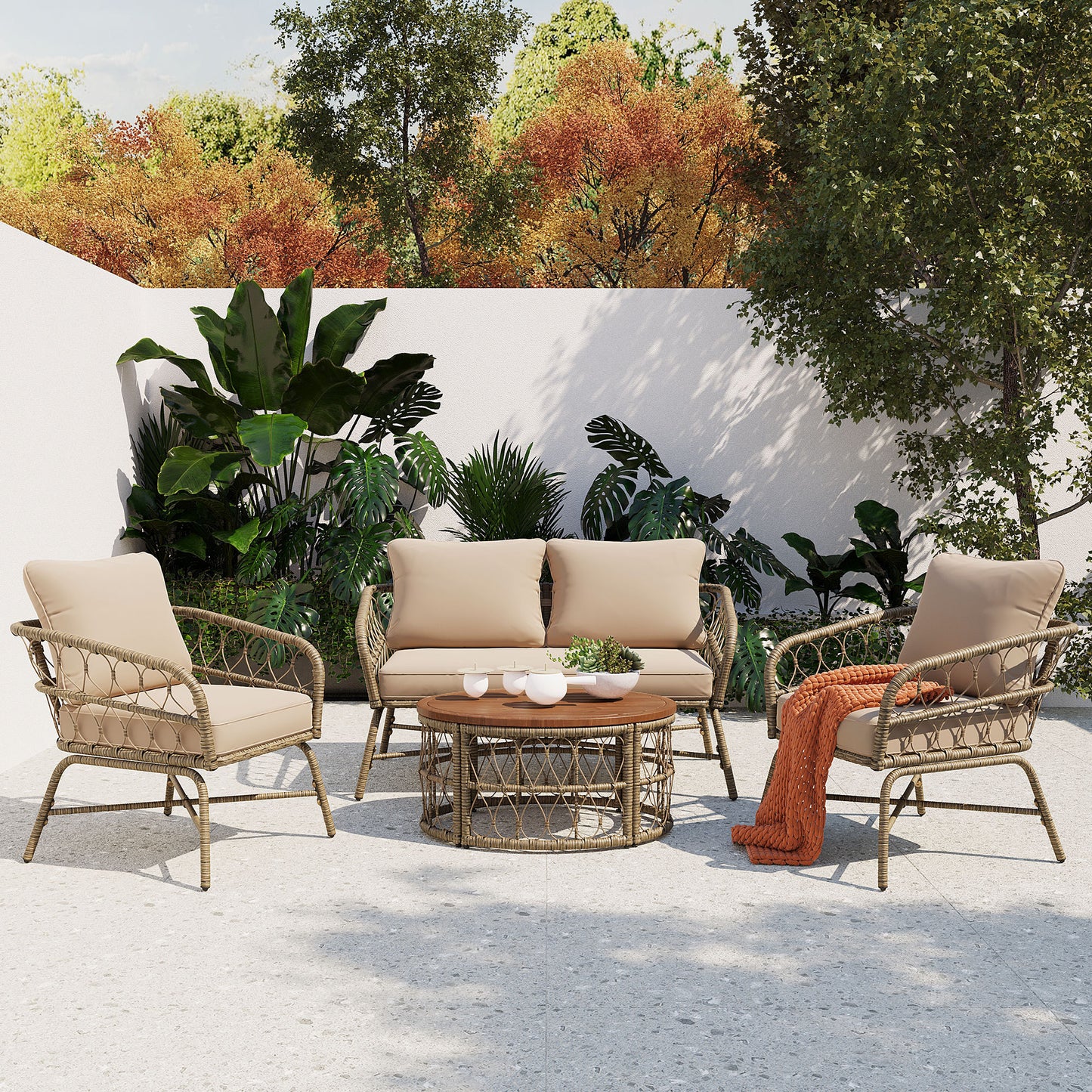 4-Person Outdoor Seating Group with Removable Cushions and Wood Tabletop, Beige