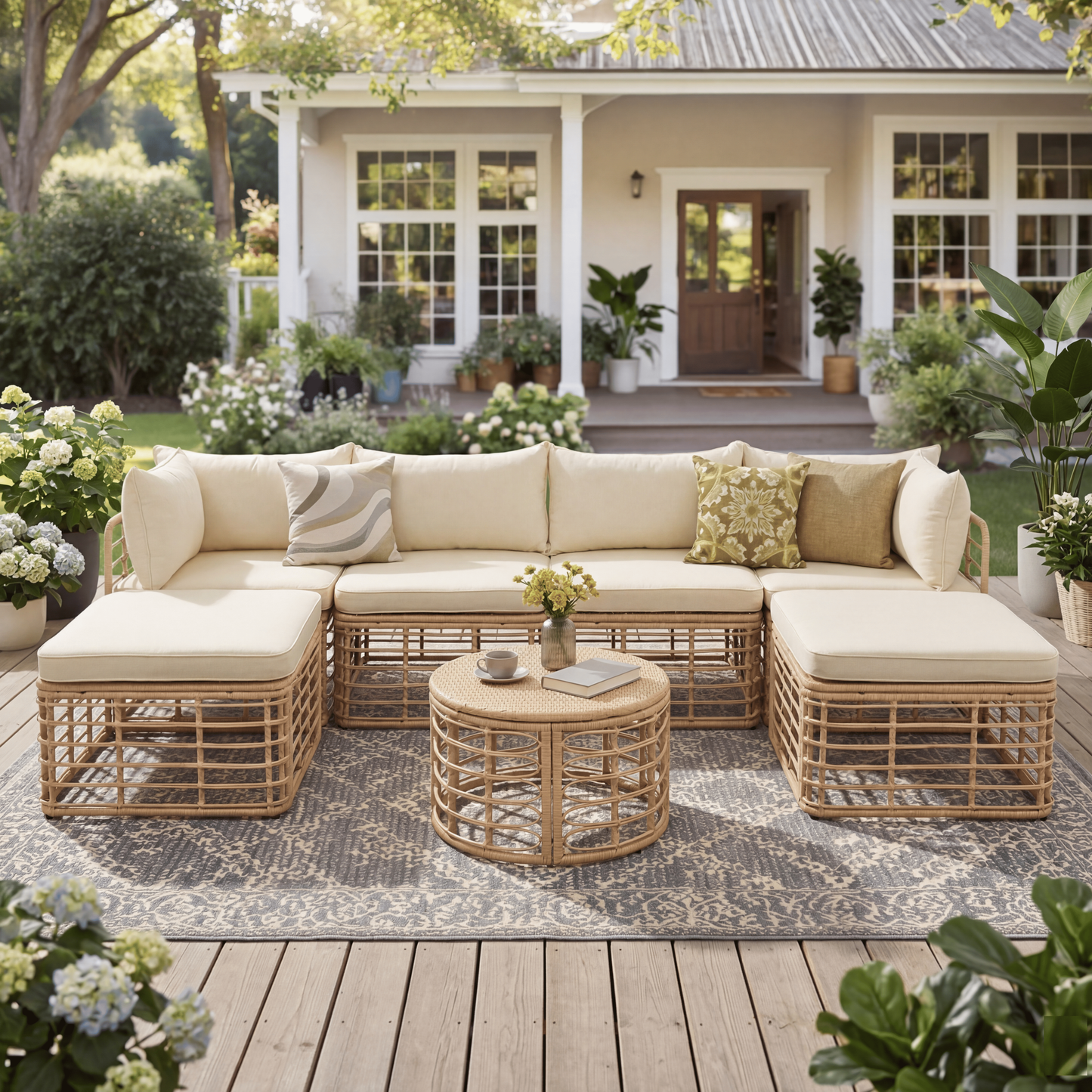 7-Piece Brown All-Weather Rattan Outdoor Sectional Sofa Set with Thick Cushions and Pillows