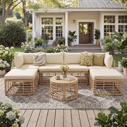 7-Piece Brown All-Weather Rattan Outdoor Sectional Sofa Set with Thick Cushions and Pillows
