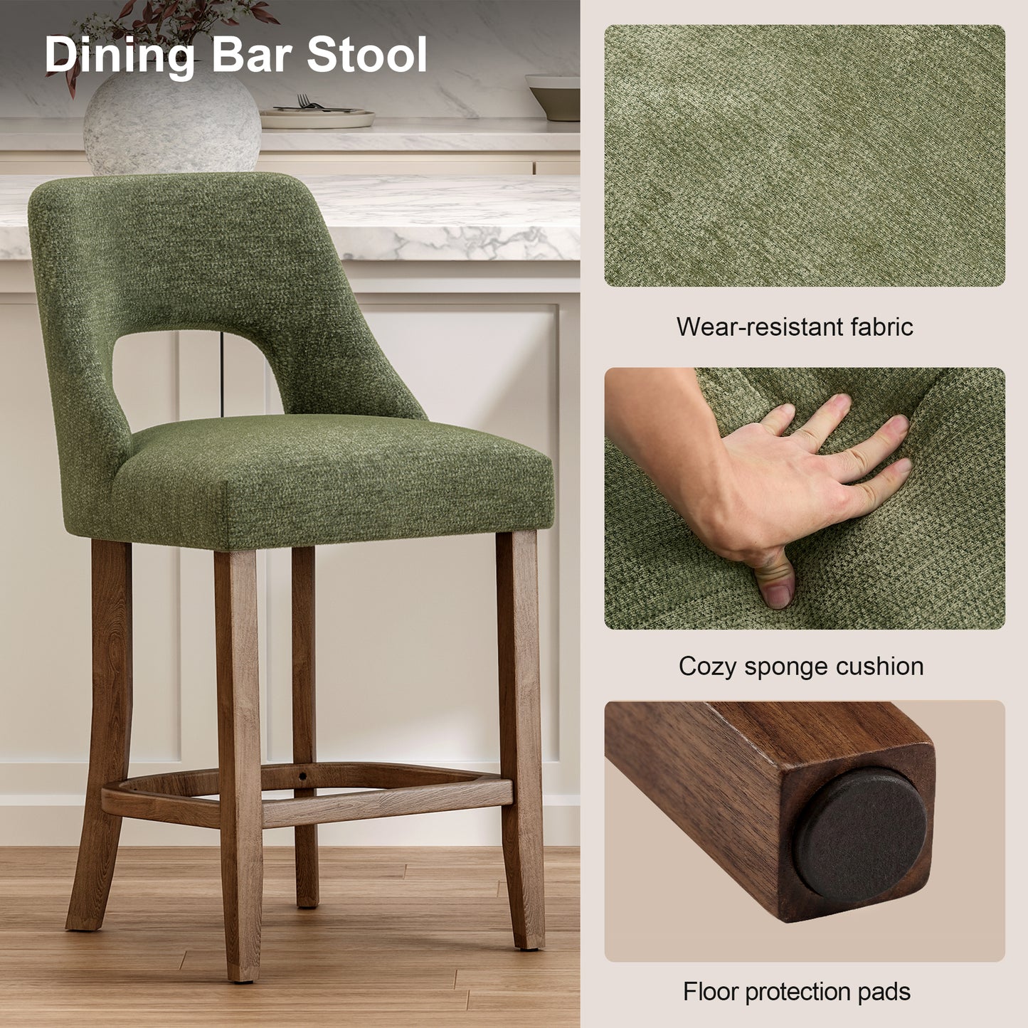Bar Stools Set of 2, Upholstered Counter Height Bar Stools, Modern Counter Stools with Wood Legs for Kitchen Island Dining Room Bar