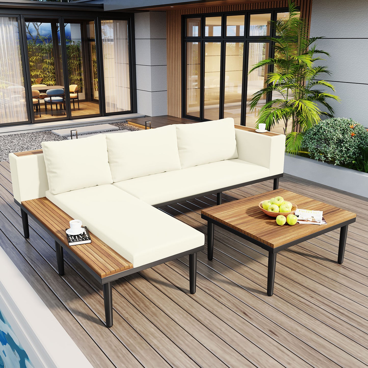 L-Shaped Acacia Wood Outdoor Sectional Sofa Set with Coffee Table, Side Table, and Beige Cushions