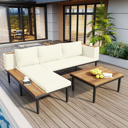 L-Shaped Acacia Wood Outdoor Sectional Sofa Set with Coffee Table, Side Table, and Beige Cushions
