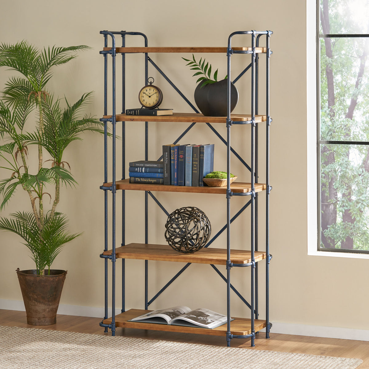 Industrial 5-Shelf Bookshelf - Natural Metal Wood