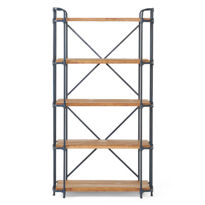 Industrial 5-Shelf Bookshelf - Natural Metal Wood