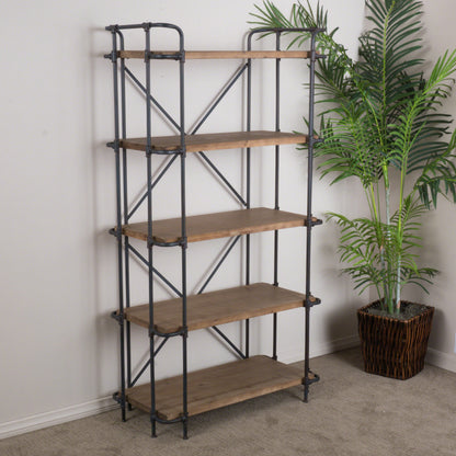 Industrial 5-Shelf Bookshelf - Natural Metal Wood