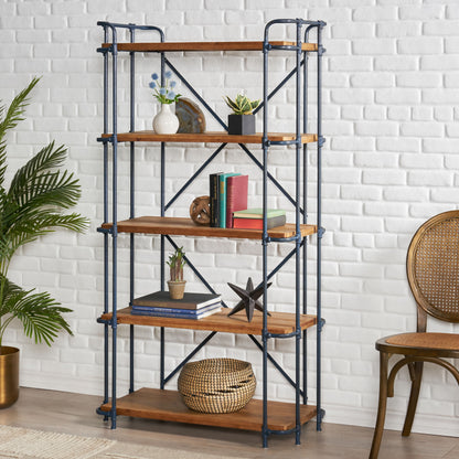 Industrial 5-Shelf Bookshelf - Natural Metal Wood
