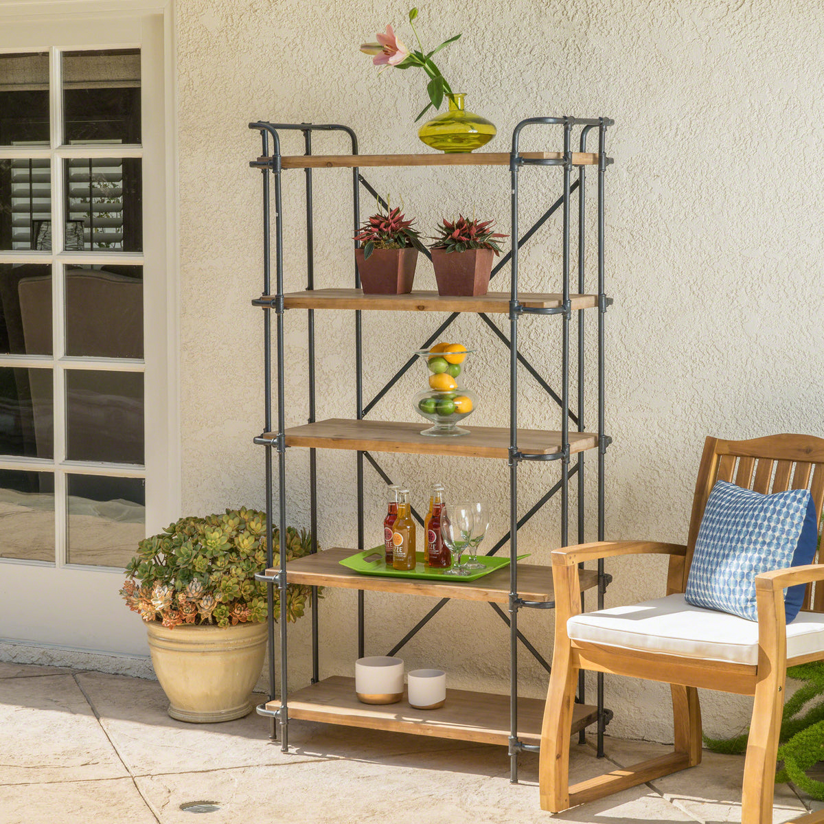 Industrial 5-Shelf Bookshelf - Natural Metal Wood
