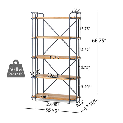 Industrial 5-Shelf Bookshelf - Natural Metal Wood