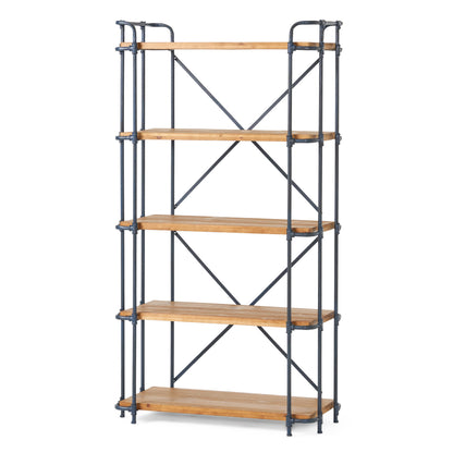 Industrial 5-Shelf Bookshelf - Natural Metal Wood