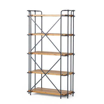 Industrial 5-Shelf Bookshelf - Natural Metal Wood