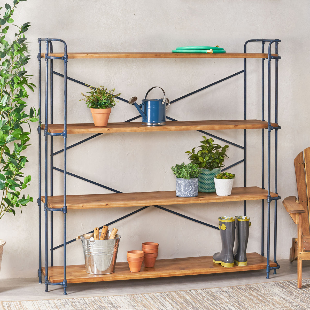 Natural Metal & Wood 4-Shelf Bookcase - 64" Tall for Living Room