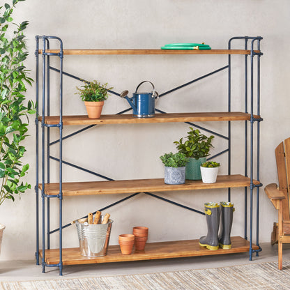 Natural Metal & Wood 4-Shelf Bookcase - 64" Tall for Living Room