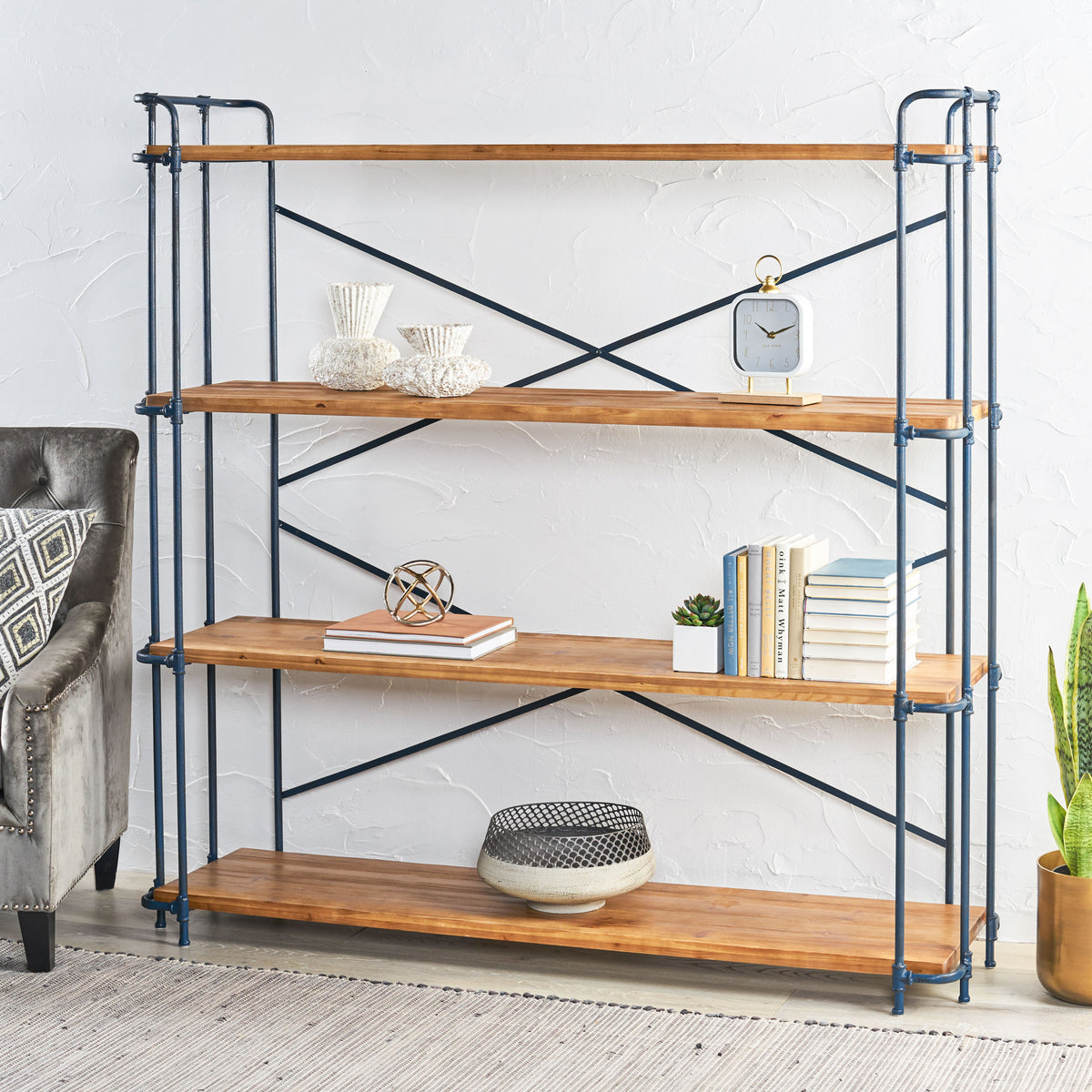Natural Metal & Wood 4-Shelf Bookcase - 64" Tall for Living Room
