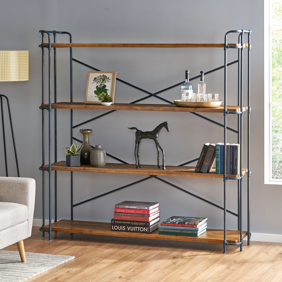 Natural Metal & Wood 4-Shelf Bookcase - 64" Tall for Living Room