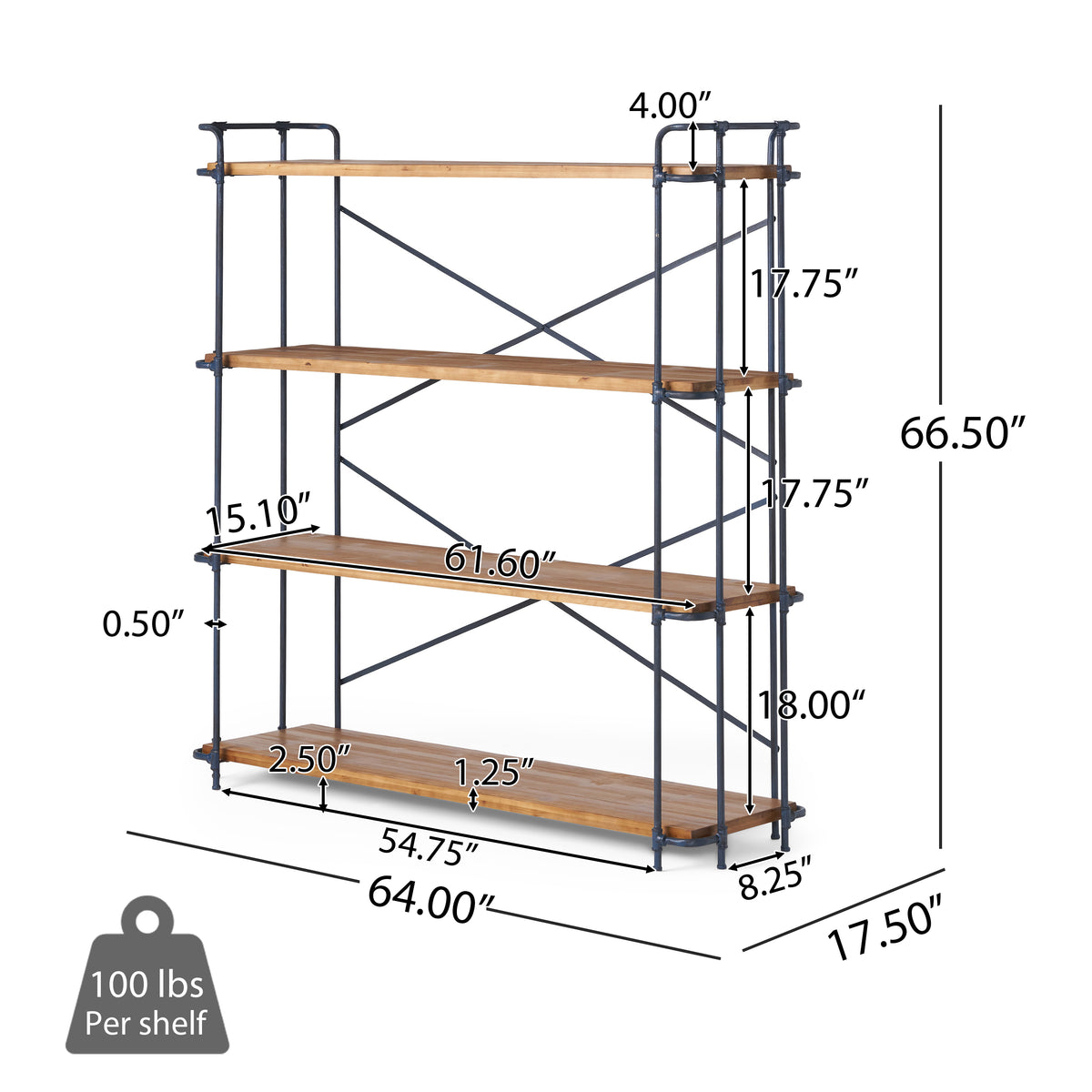 Natural Metal & Wood 4-Shelf Bookcase - 64" Tall for Living Room