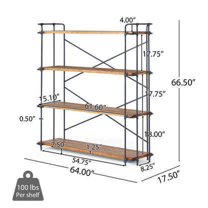Natural Metal & Wood 4-Shelf Bookcase - 64" Tall for Living Room