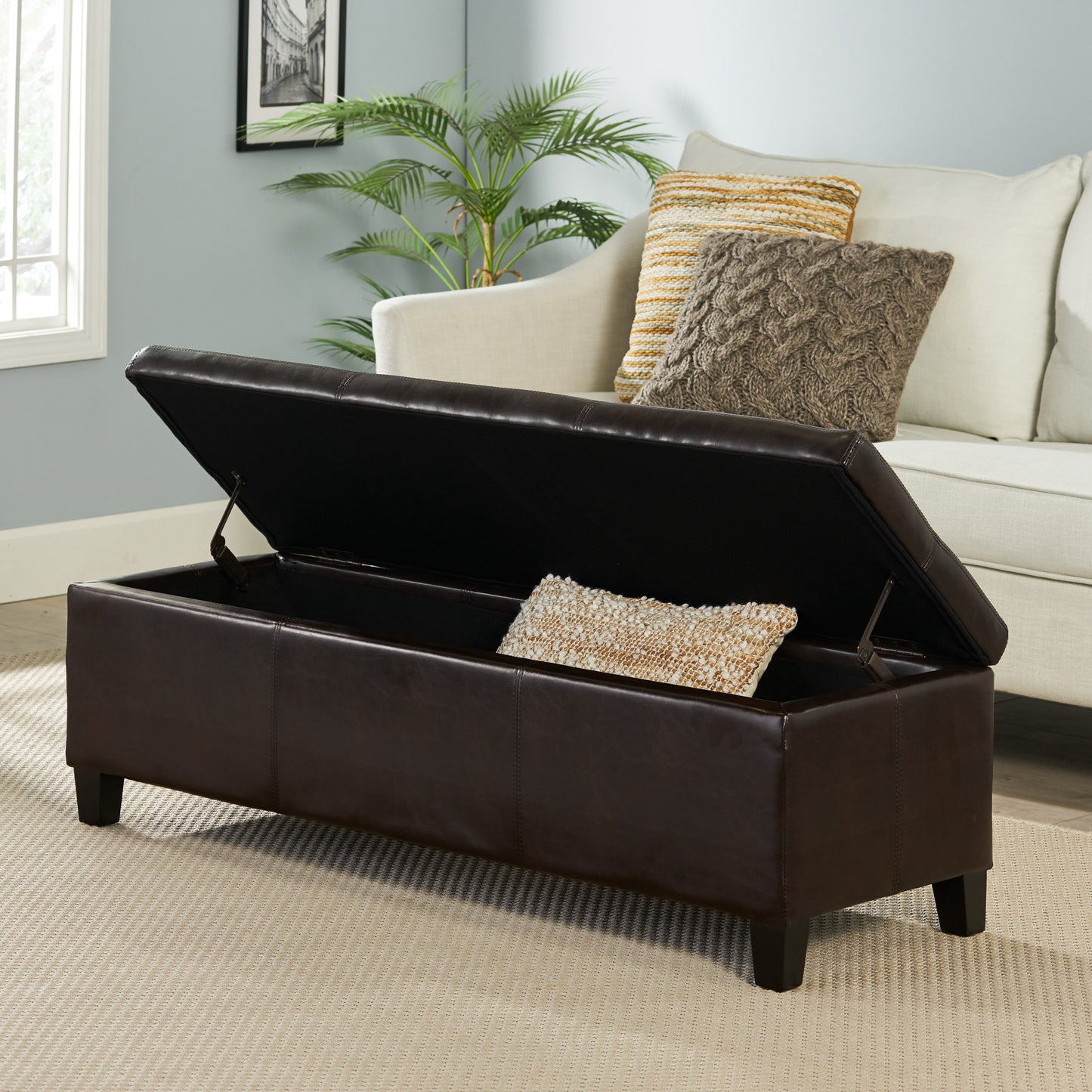 Brown Faux Leather Storage Ottoman Bench - 50.87" x 17.32"