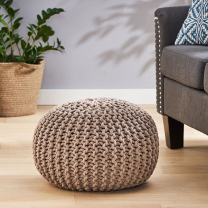 Brown Cotton Knitted Pouf for Cozy Living Room Seating