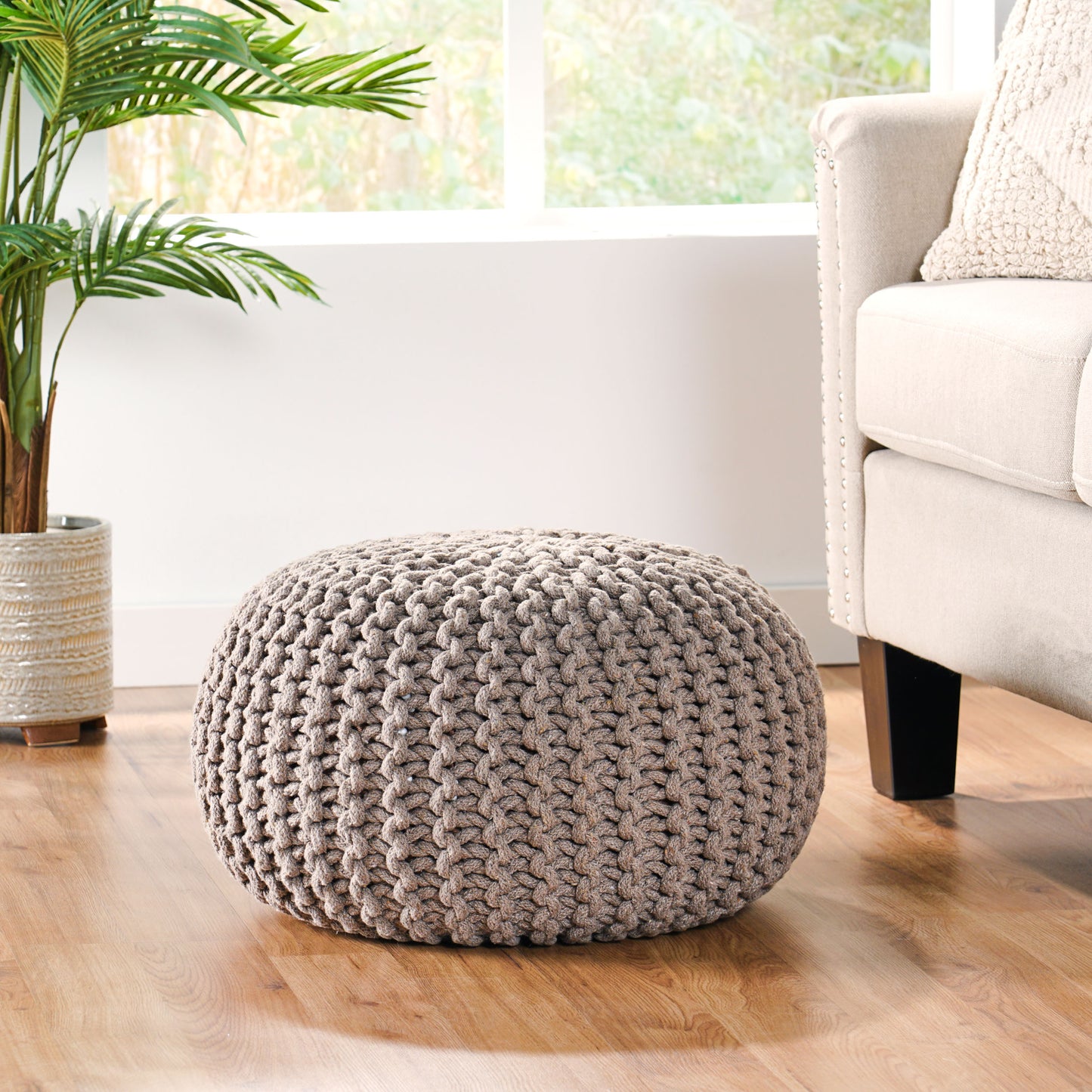 Brown Cotton Knitted Pouf for Cozy Living Room Seating