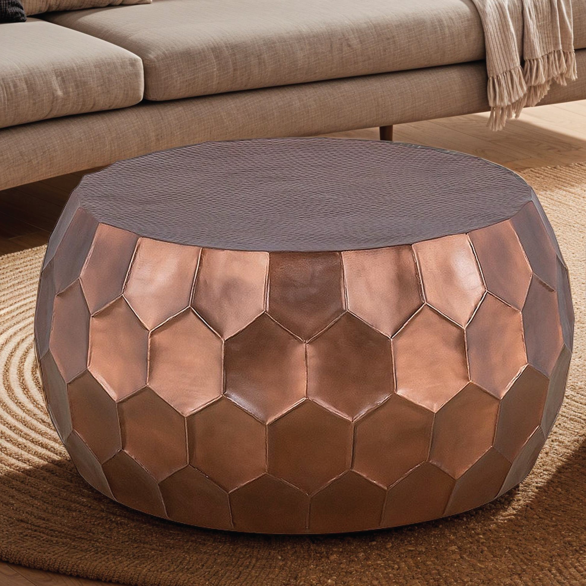 CT101 Modern Contemporary Round Aluminum material 32" Coffee Table, Farmhouse Table with Glossy Diamond-Patterned Base Copper