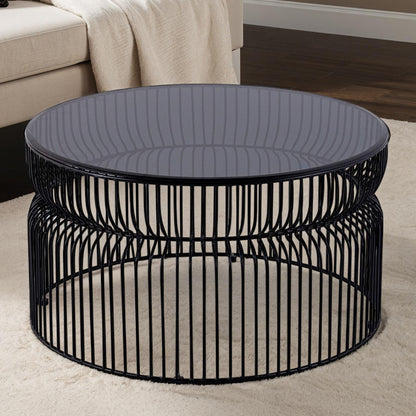 CT901 Modern Contemporary Metal Nested base and Tinted tempered glass top material 30" Coffee Table, Round Table for Living room, Black
