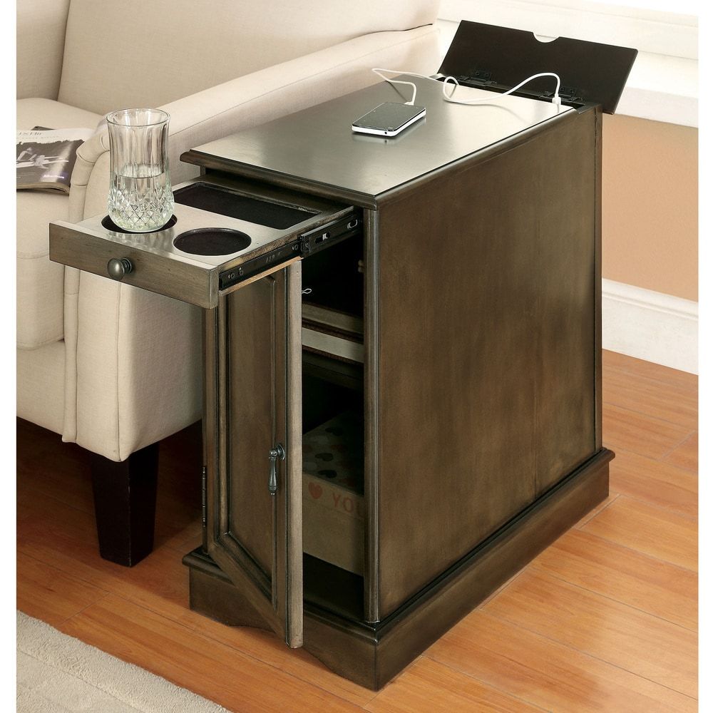 Gray Solid Wood Nightstand with USB Outlet - Bedroom Storage Table